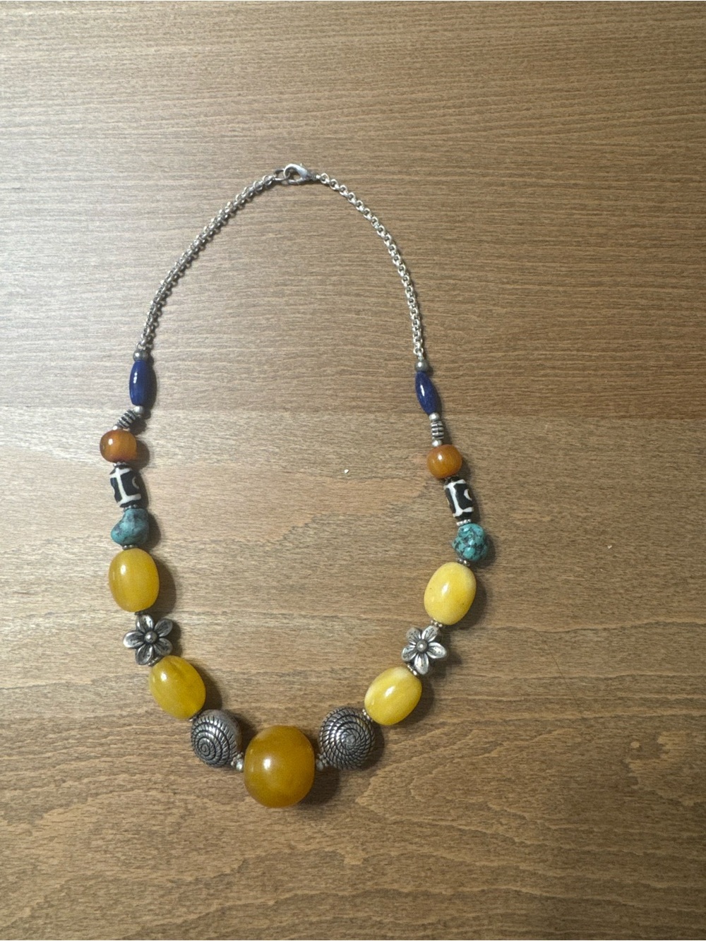 Yellow Multi-Bead Statement Necklace with Silver Accents